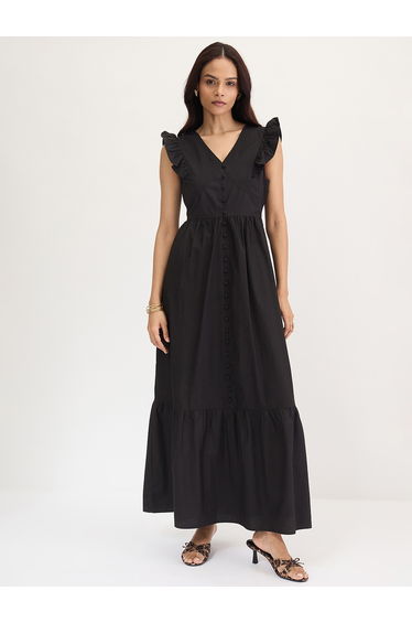 Black Poplin Ruffled Sleeves Maxi Dress