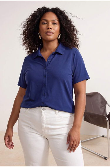 Navy Blue Shirt Collar Buttoned Short Sleeve Stretchy Knitted Oversize Blouse