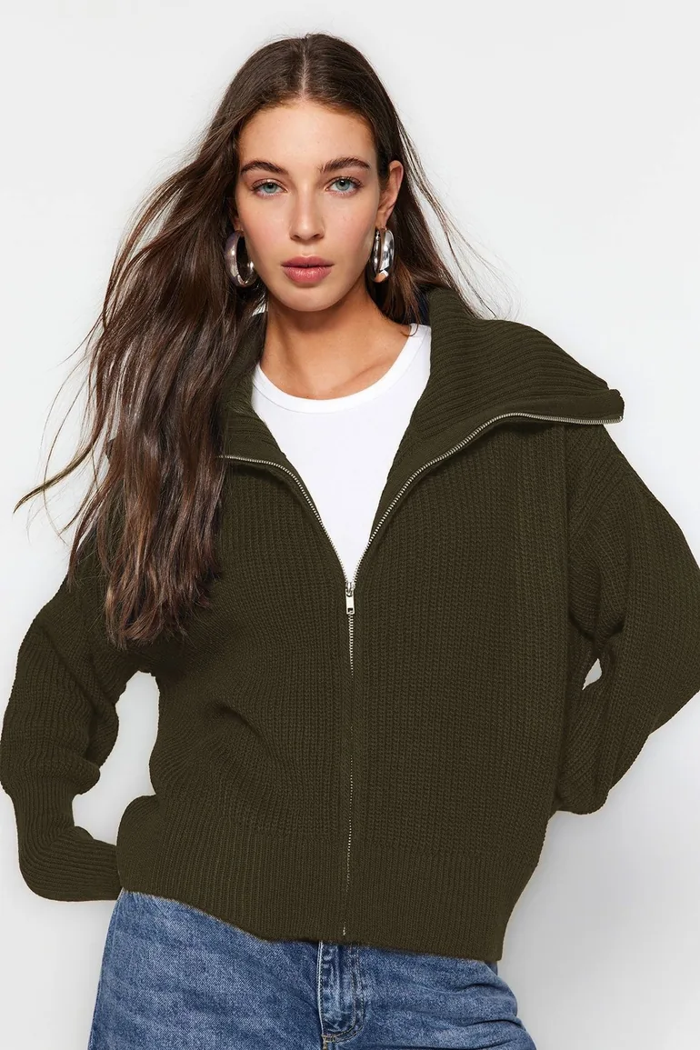 Khaki Wide Cut Turn-down Collar Zippered Knitwear Cardigan