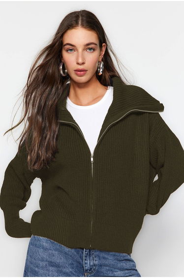 Khaki Wide Cut Turn-down Collar Zippered Knitwear Cardigan