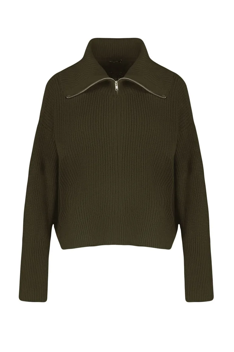 Khaki Wide Cut Turn-down Collar Zippered Knitwear Cardigan - 6