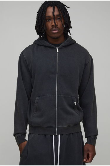 Tall Essential Washed Boxy Zip Through Hoodie - washed black