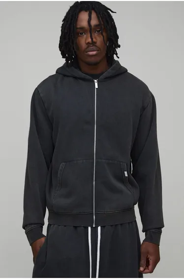 Tall Essential Washed Boxy Zip Through Hoodie - washed black