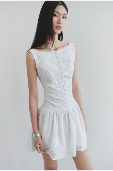Limited Edition White Skirt with Button Detail at Waist Brode Mini Woven Dress