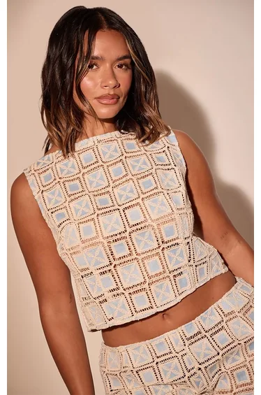 Shape Baby Blue Crochet Boat Neck Top Co-ord