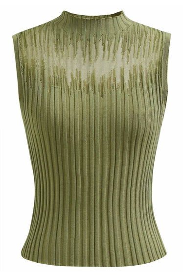 Mesh Inserted Mock Neck Ribbed Knit Tank Top in Green