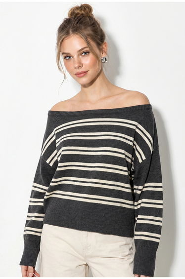 LUCCI Off Shoulder Striped Ribbed Sweater