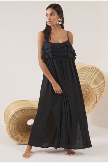 Black Woven Midi Flounces Beach Dress