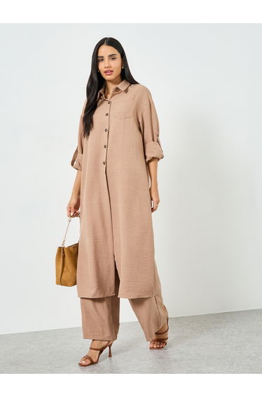 Beige Buttoned Shirt Kimono and Pant Co-ords
