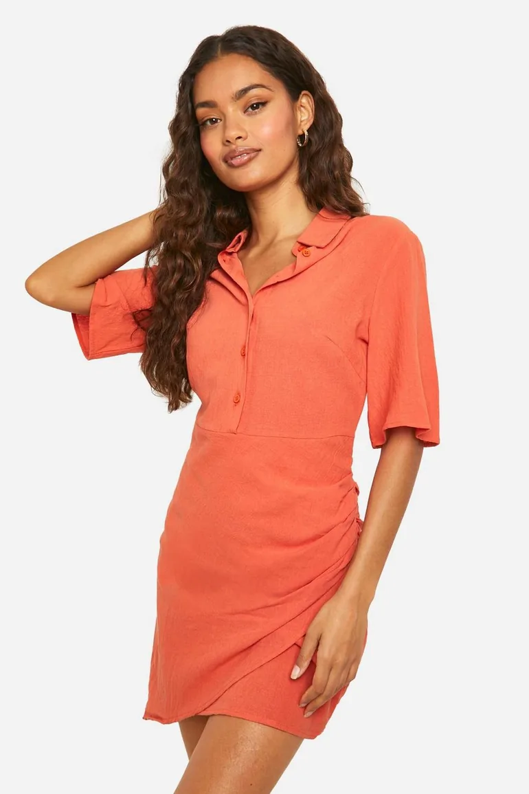 Linen Wrap Shirt Dress - orange - 1