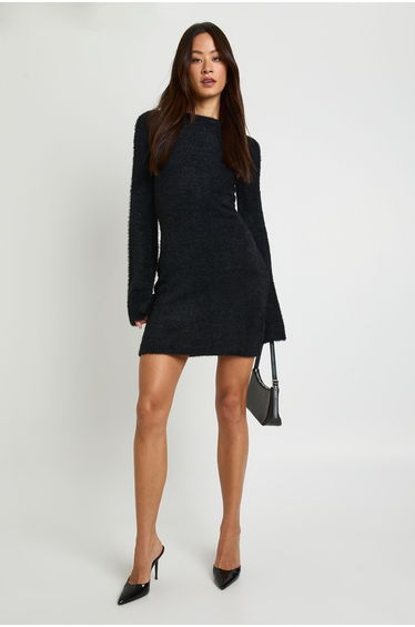 Tall Bow Back Detail Super Soft Knitted Mini Dress - black