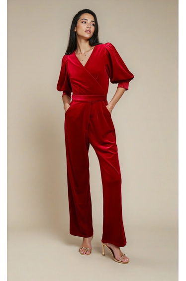 Ruby Red Velvet Wide Leg Jumpsuit by Vicky Pattison