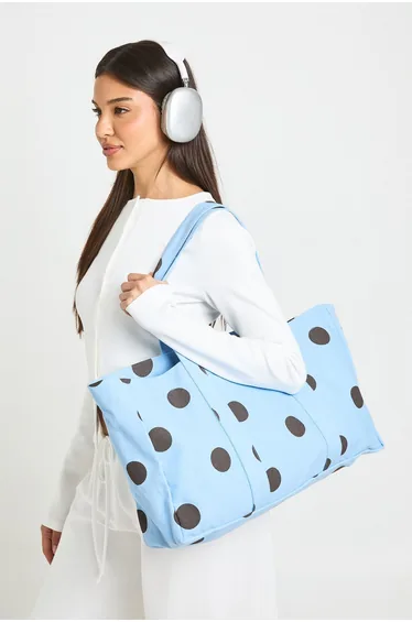 Polka Dot Detail Canvas Tote Bag - blue