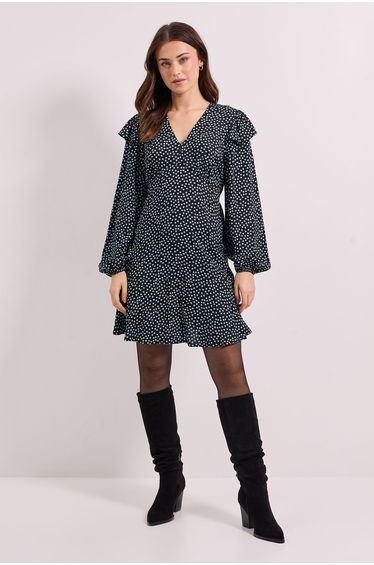 Frill Detail Blouson Sleeve Tie Back Tiered Printed Mini Dress