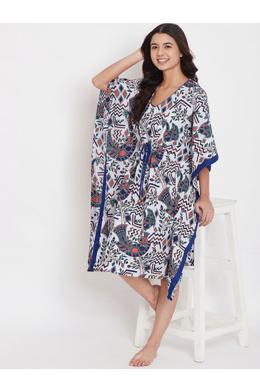 White Cotton Printed Kaftan Nightdress with 3/4 Sleeves