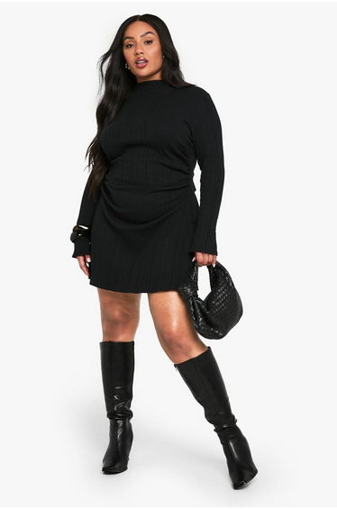 PLUS LONG SLEEVE RUCHED SIDE HIGH NECK SHIFT DRESS - black