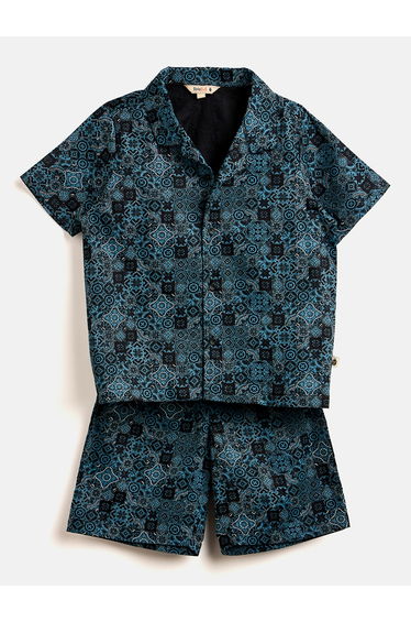 Boys Blue Printed Rayon Shirt and Shorts Set