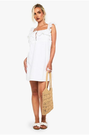 Cotton Ruffle Crochet Smock Mini Dress - white