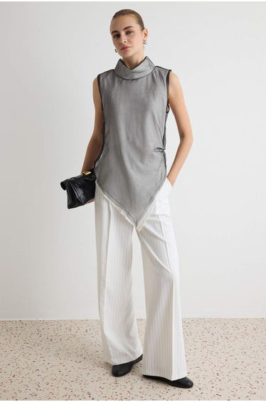 Gray White Lined Tulle Party Blouse