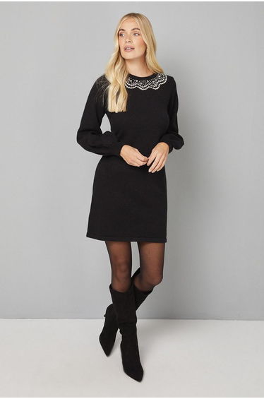 Petite Black Embellished Neck Knitted Dress