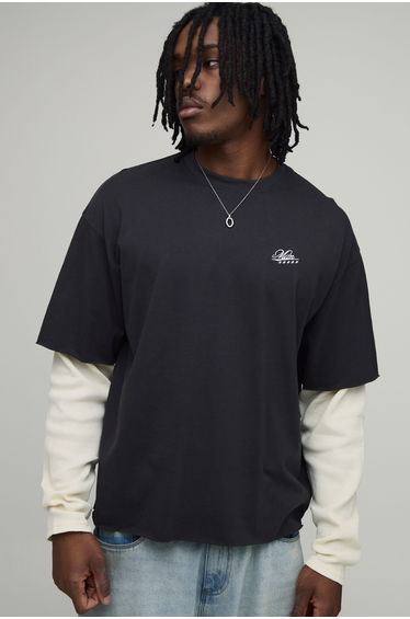 Tall Oversized Boxy Waffle Faux Layer Heavyweight Heartbreak T-Shirt - black