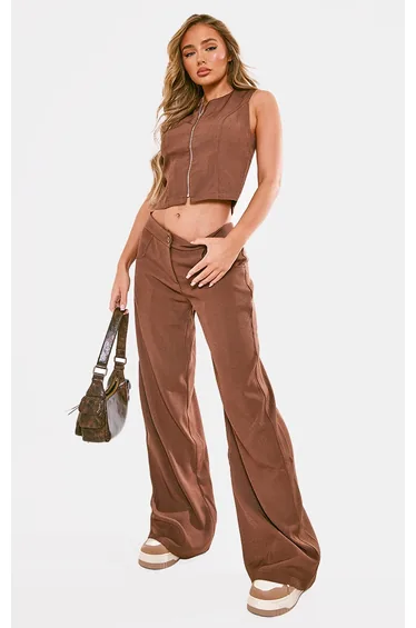 Chocolate Premium Woven High Waist Tailored Trousers