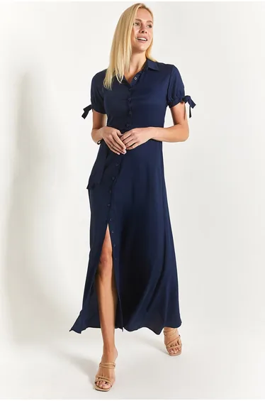 Women's Navy Blue With Tie Sleeves and Belted Waist Shirt Dress
