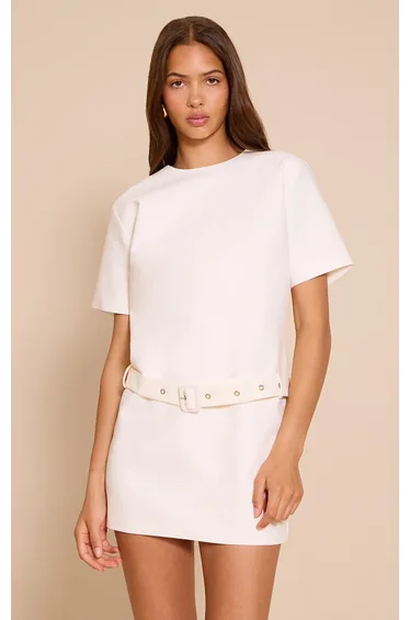 Cream Woven Oversized Short Sleeve Belted Mini Dress