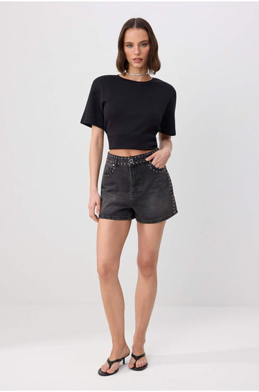 Black High Waist City Boy 100% Cotton Denim Shorts