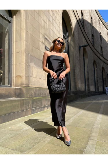 Black-Satin Bias-Cut Strapless Maxi-Dress