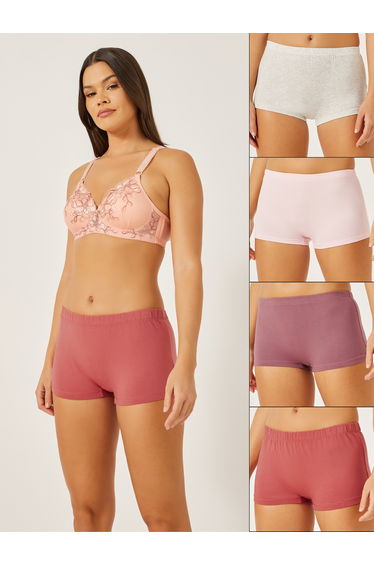 Pack of 4 - Solid Cotton Elasticated Waistband Boyshorts