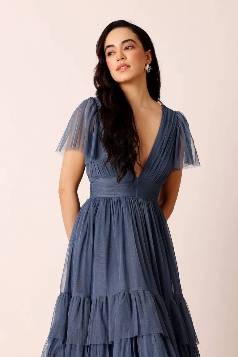 dkny blue floral dress Vea Veil – Ethereal Blue Tulle Bridal Veil with Beaded Lace