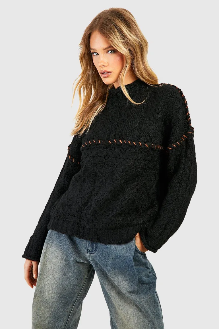 Chunky Contrast Stitch Jumper - black