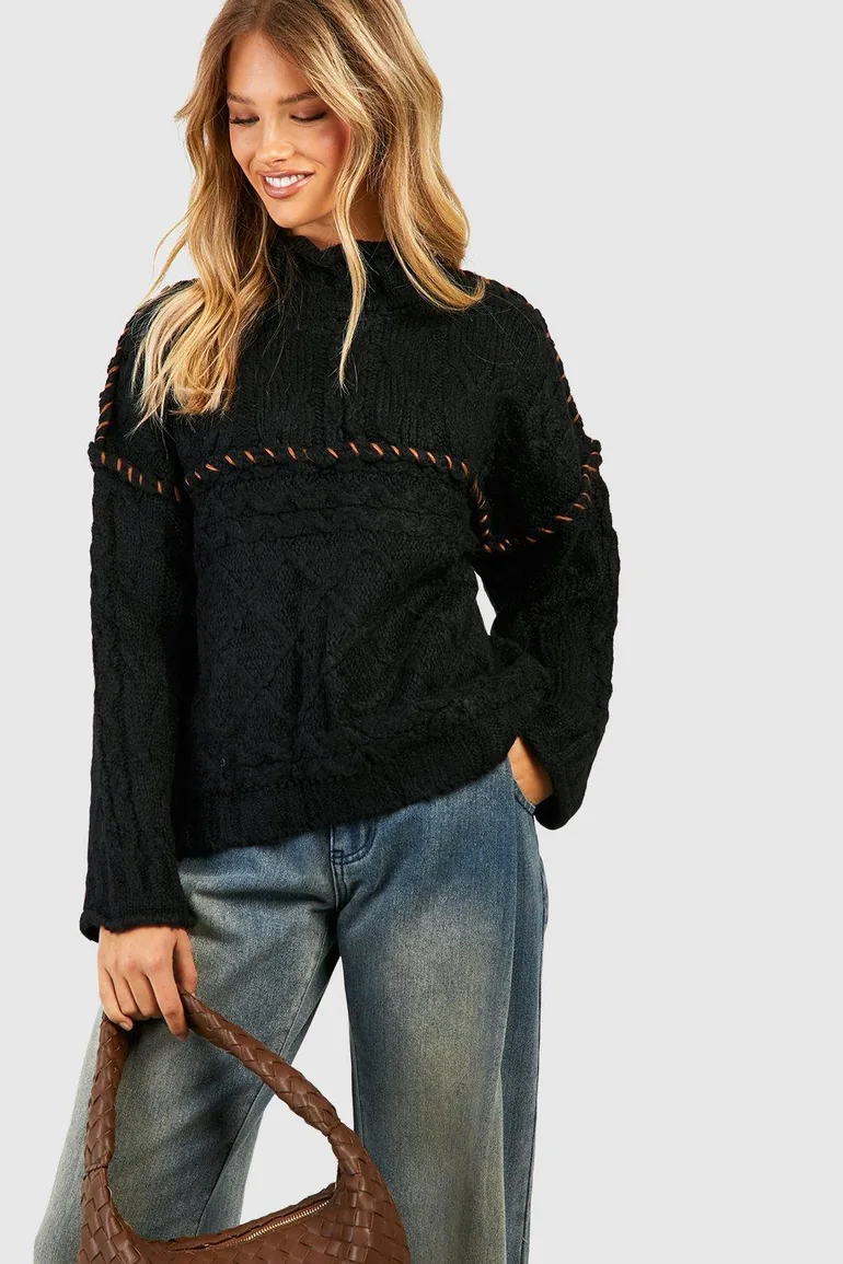 Chunky Contrast Stitch Jumper - black - 3