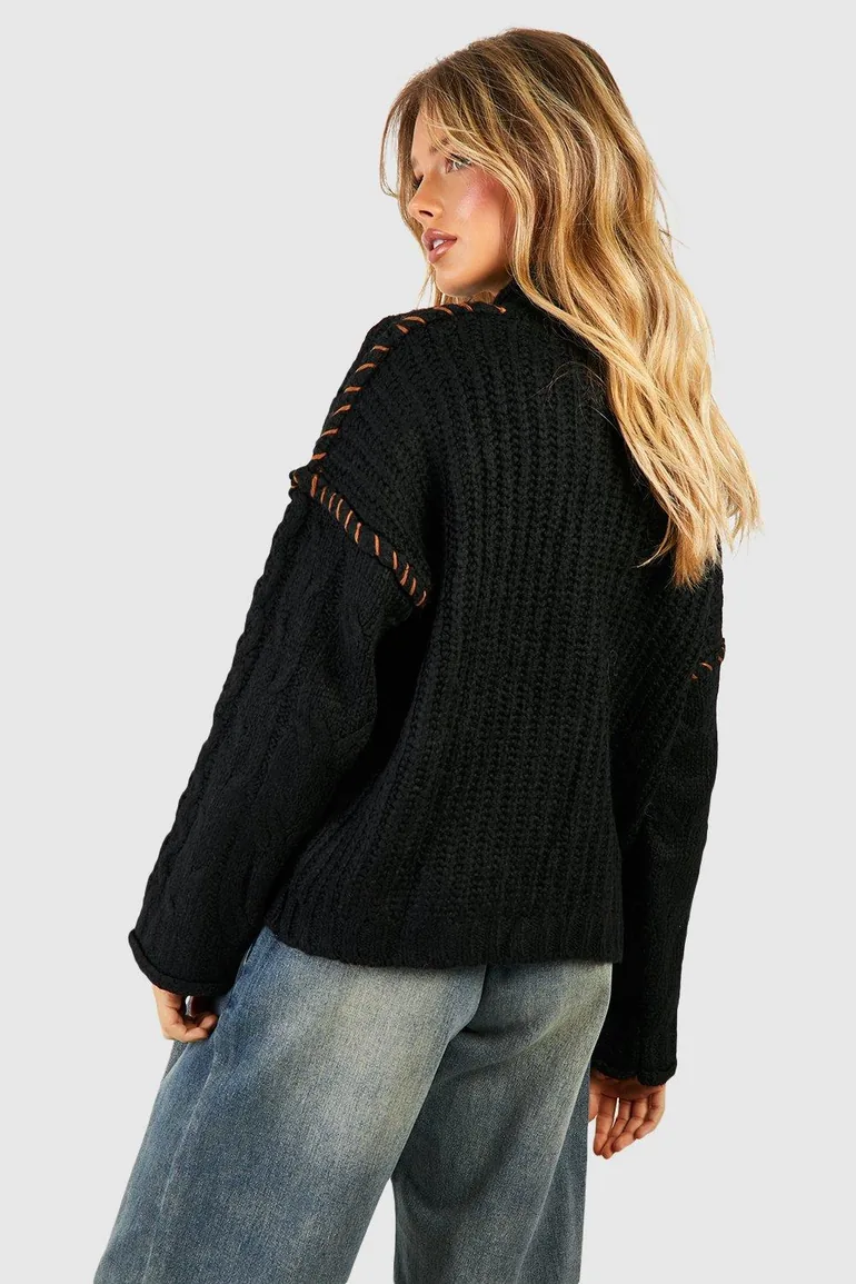 Chunky Contrast Stitch Jumper - black - 1