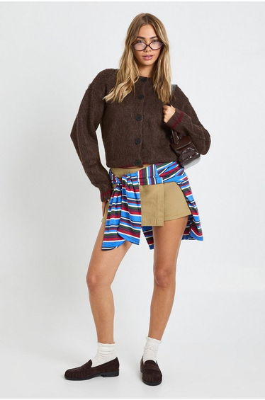 Contrast Hem Detail High Neck Knitted Cardigan - chocolate