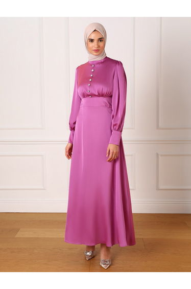 Pink Satin Embellished Buttons Maxi Dress