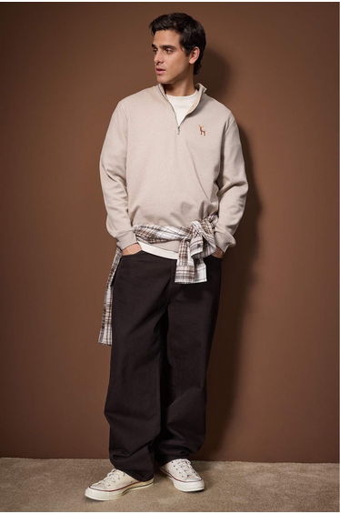Beige regular/normal cut deer embroidered high neck thick fleece lined sweatshirt