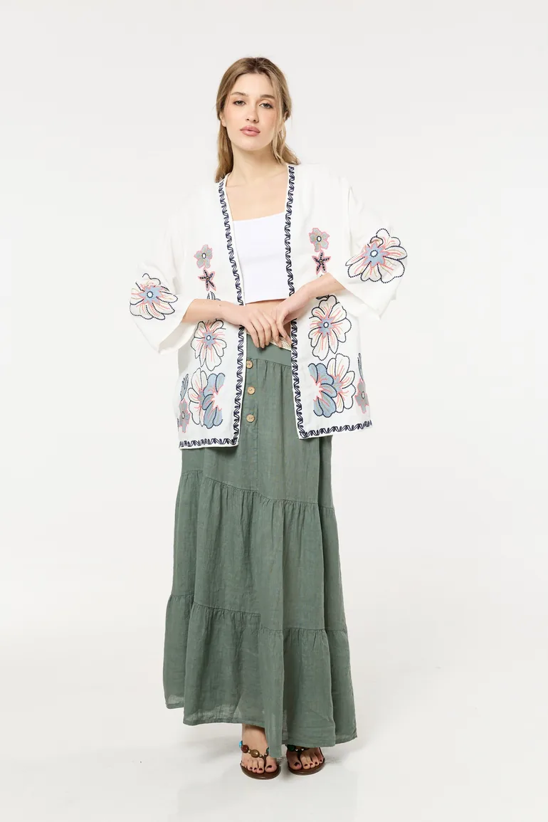 Floral Embroidered Open Front Kimono - 3