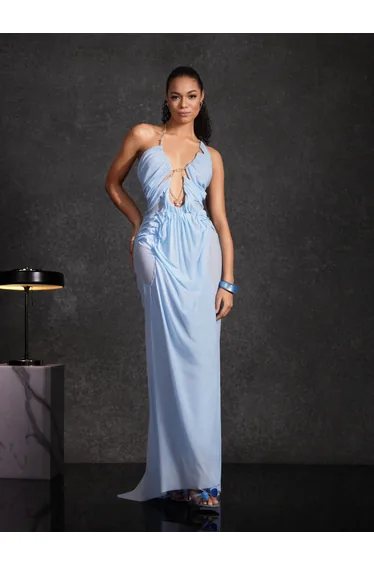 Daiki Halterneck Ruched Maxi Dress In Baby Blue