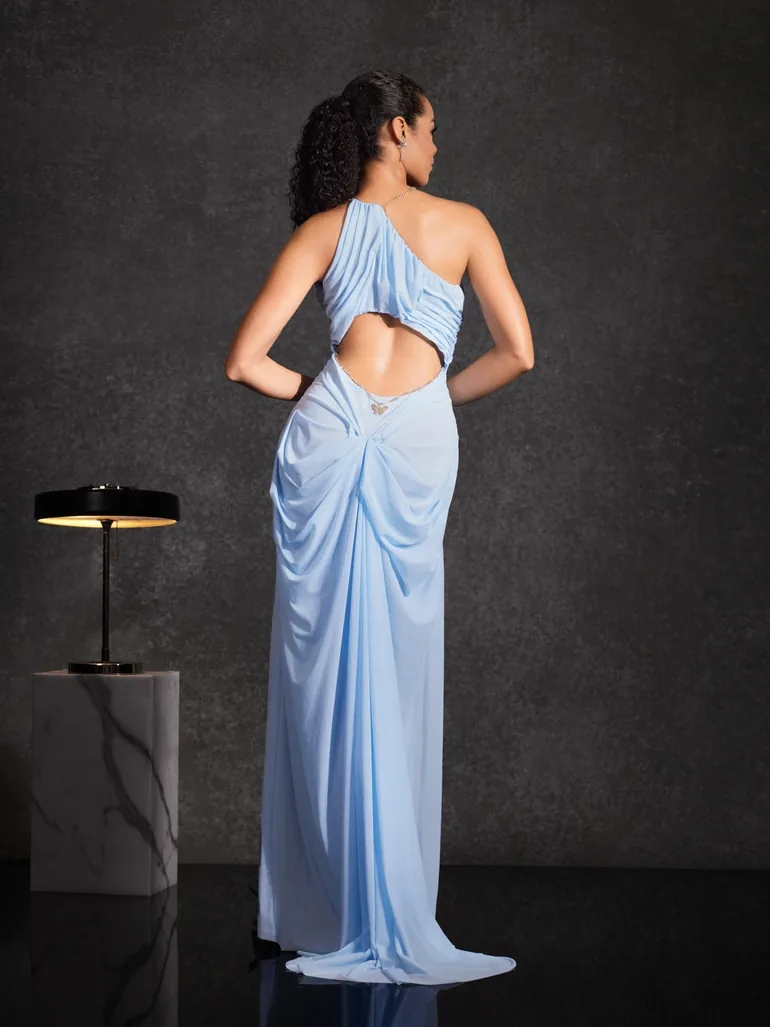 daiki halterneck ruched maxi dress Daiki Halterneck Ruched Maxi Dress In Baby Blue Mew Mews Blue : Premium  Dresses : VogaCloset Oman