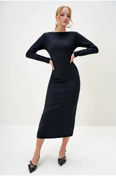 Women's Black Crew Neck Long Sleeve Interlock Fabric Maxi Length Dress