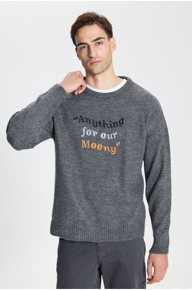Men's Gray Melange Oversize Loose Cut Crew Neck Patterned Rose Red Soft Textured Knitwear Sweater