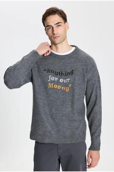 Men's Gray Melange Oversize Loose Cut Crew Neck Patterned Rose Red Soft Textured Knitwear Sweater