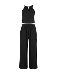 Black Linen Blended Blouse Pants Beach Set - 7