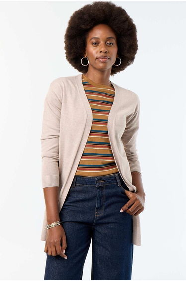 Fine-gauge open knit short cardigan BEIGE