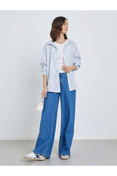 Women Blue All-Over Print Long Sleeve Oversized Shirt