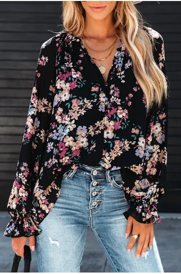 Lvness Black Wildflower Print Chiffon Blouse