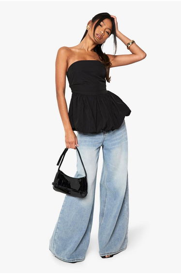 Shirred Back Peplum Puffball Bandeau - black