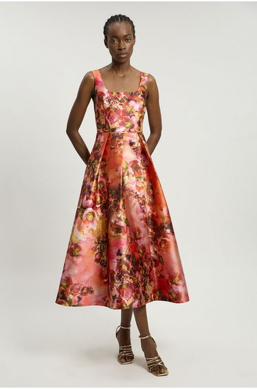 Jacquard Twill Orange Floral Print Corseted Woven Maxi Dress